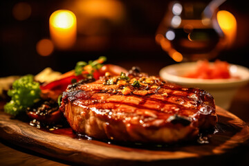 Delight in the rustic charm of a juicy pork steak, tastefully presented on a table. This hearty dish promises a delicious and satisfying culinary experience.