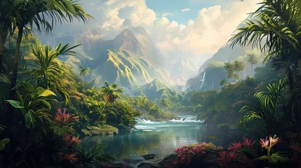 Fotobehang Jungle landscape in watercolor style. © Simon