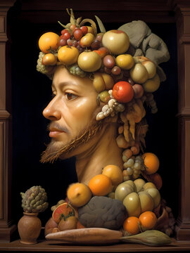 a human profile composed of fruit in Giuseppe Arcimboldo style, concept you are what you eat