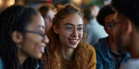 Obraz premium Young interracial college students in class while doing group work 