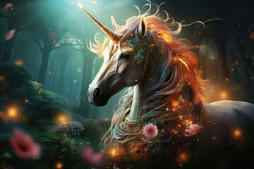 Magical unicorn with a glowing mane in a magical forest. Generated by artificial intelligence