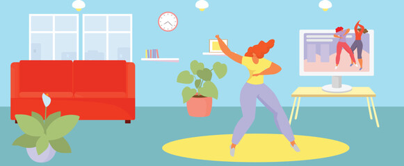 Woman dancing at home following online class. Joyful indoor activity, practicing moves with virtual instructor. Fitness and fun at living room vector illustration.