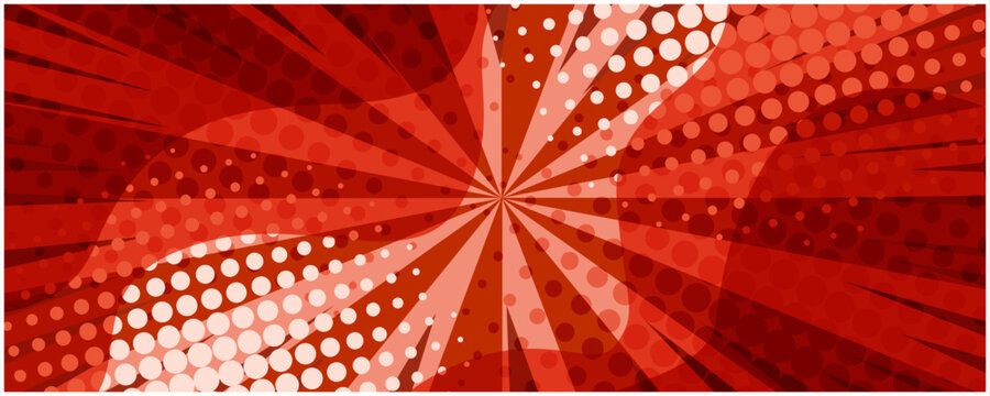 Bright red striped retro comic background with halftone corners and wavy shapes. Abstract cartoon orange background with stripes and half tone pattern for comics book, advertising design, poster
