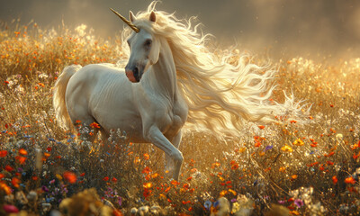 Majestic Unicorn Galloping in Sunlit Flower Field.