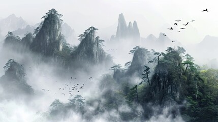 Wallpaper of a jungle and mountain landscape in waterpainting and retro style.