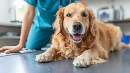 Beautiful female veterinarian conducting medical tests on happy dog in veterinary clinic