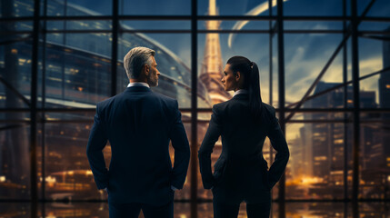 Successful happy businessman and businesswoman standing back to back with arms crossed and smiling at camera, office interior. Partnership concept