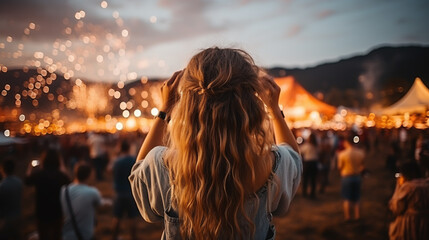A young girl is with a smartphone at a music festival, texting with her friends.