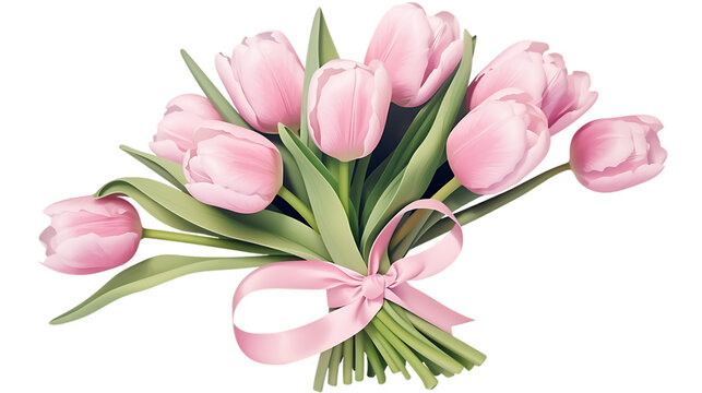 pink tulips bouquet with white stain ribbon isolated on white background png image