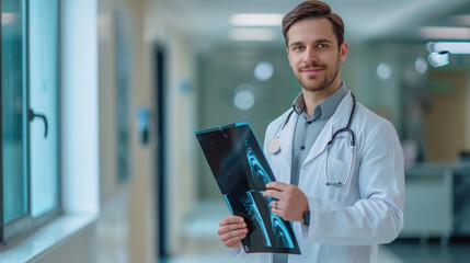 young male doctor in a white coat with a stethoscope holds an x-ray against the background of a hospital ward, medicine, treatment, clinic, professional, portrait, traumatology, surgeon, neurologist