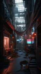 Fototapeta premium A cyberpunk city alley with junk. 
