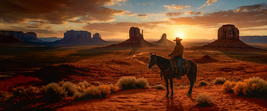 Silhouette of a lone cowboy on horseback at sunset
