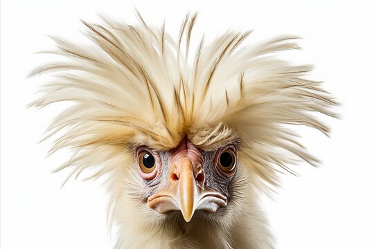 Close up of a proud and vibrant chicken on white background, isolated from distractions