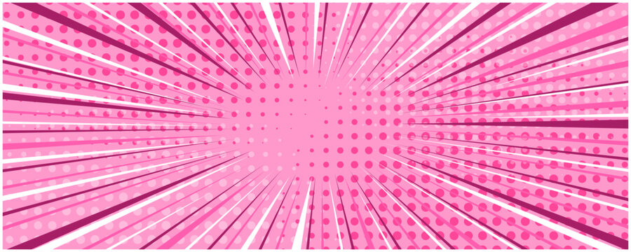 Light bright candy pink striped retro comic background with dotted halftone corners. Cartoon rose party texture with dark and light stripes and dots pattern for comics book, advertising design, poster