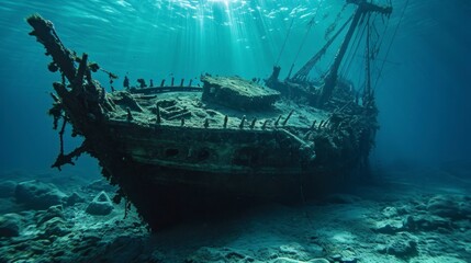 destroyed old ship under the sea in the depths with sand HD