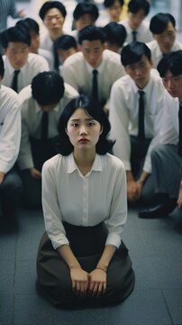 A woman sits on the floor in front of a group of men in suits,