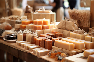 An array of handmade soaps in neutral colors is arranged on a rustic wooden table, complemented by...