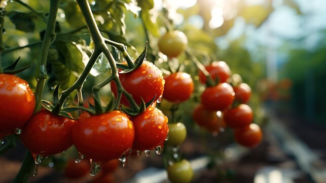 Close-up of ripe and unripe tomatoes growing in a greenhouse