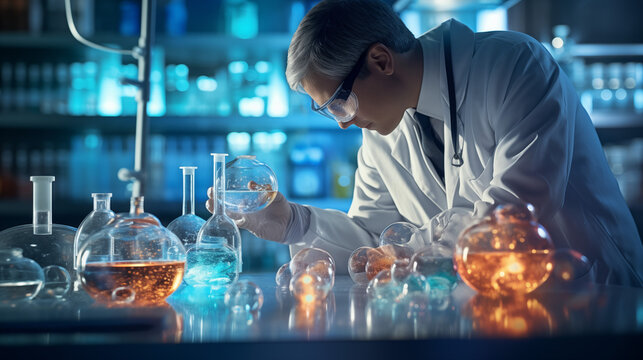 Wissenschaftler arbeitet in einem Labor an der Messung von Molek&uuml;len, im Stil lichtfokussiert, biomorph