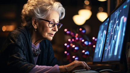 Financial analyzing and market forecast concept with young woman working with data, growing digital chart diagram and candlestick
