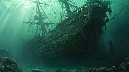 destroyed old ship under the sea in the depths with sand and good blue lighting above the ground HD