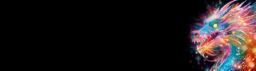 A banner with a glowing rainbow dragon on a dark background. Magic, celebration, mysticism. Dragon, dinosaur