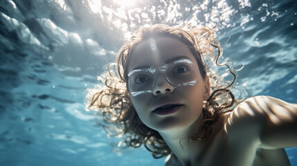 Underwater woman portrait in swimming pool.