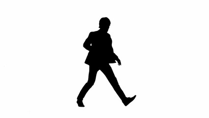 Fototapeta na wymiar Modern businessman advertising concept. Man in studio isolated on white background with alpha channel. A black silhouette of a businessman in a suit dances funny.