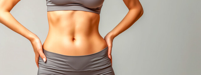 Fototapeta na wymiar fit female body dressed in a grey crop top, highlighting a slim waist, toned abdomen, and healthy skin, set against a neutral background, suitable for health and fitness themes