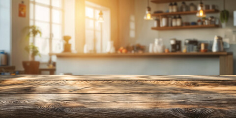 Warm sunlight streaming through windows onto the wooden countertop of a cozy kitchen interior with blurred background, highlighting the wood's texture