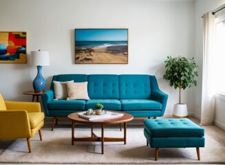 Fototapeta premium Aesthetically Pleasing Living Room with Mid-Century Modern Furniture and Vintage Decor Embellishments
