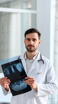 young male doctor in a white coat with a stethoscope holds an x-ray against the background of a hospital ward, medicine, treatment, clinic, professional, portrait, traumatology, surgeon, neurologist
