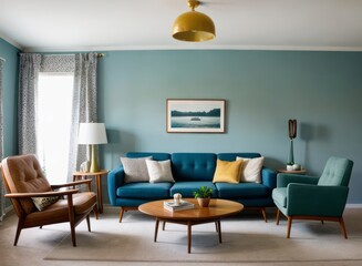 Fototapeta premium Sophisticated Living Area Featuring Mid-Century Modern Furnishings and Retro Design Touches