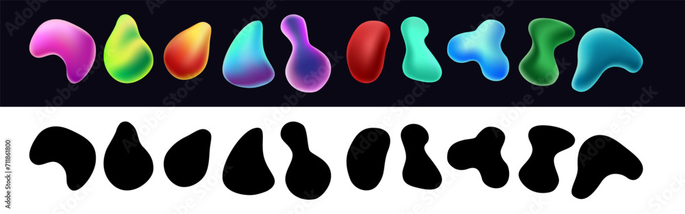 Poster geometric drops shapes colored and black set. gradient colorful bubbles from liquid splashes for cre