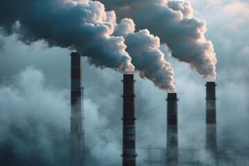 The image depicts industrial smokestacks releasing dense clouds of smoke into the atmosphere, evoking a sense of environmental threat and air pollution. 