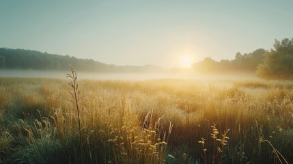 Morning in a summer field with tall grass and mist