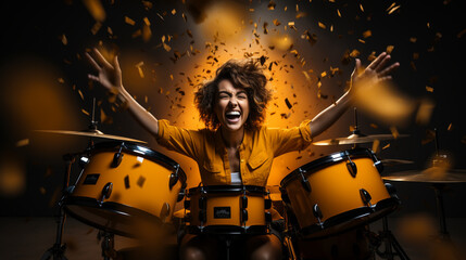 Photo of popular rocker redhair lady plays instruments beat raise hands drum sticks concert sound...