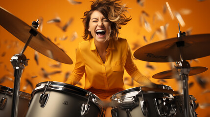 Photo of popular rocker redhair lady plays instruments beat raise hands drum sticks concert sound check repetition