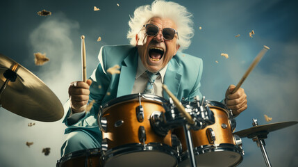 Fototapeta premium Portrait of retired pensioner retired people play drum drumstick