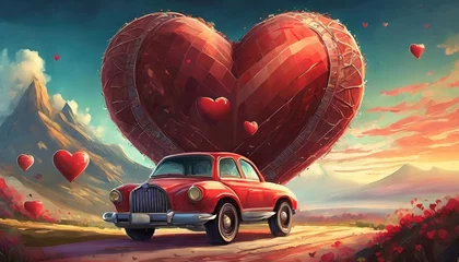 Zelfklevend Fotobehang valentine s day holiday celebration with toy car and heart shape © Trevin