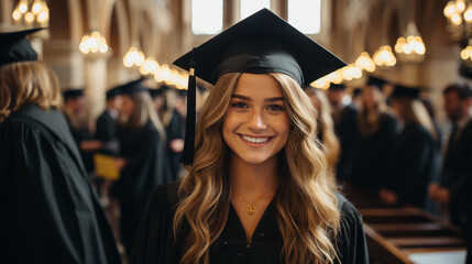 Obraz premium Graduate girl with master degree in black graduation robe and cap happy young woman careerist have success in her business.