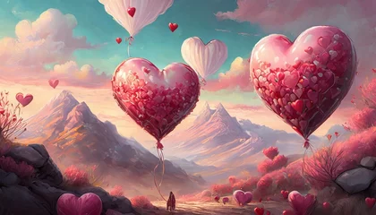 Poster valentines hearts look like balloons on pink background flat lay top view love and romance concept © Trevin