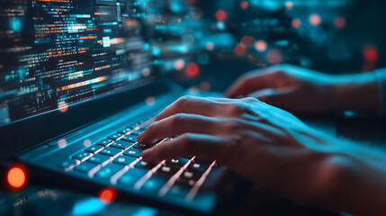 a cybersecurity analyst's hands typing on a keyboard, with a focus on the screen displaying a...