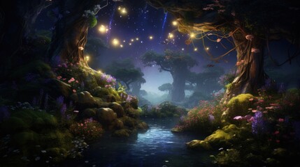 Enchanted forest scenery with glowing lights and mystical river. Fantasy landscape.