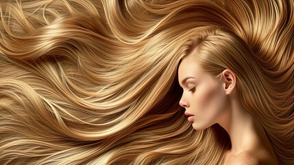Blonde woman portrait for hair care product ad, web banner background, studio shot