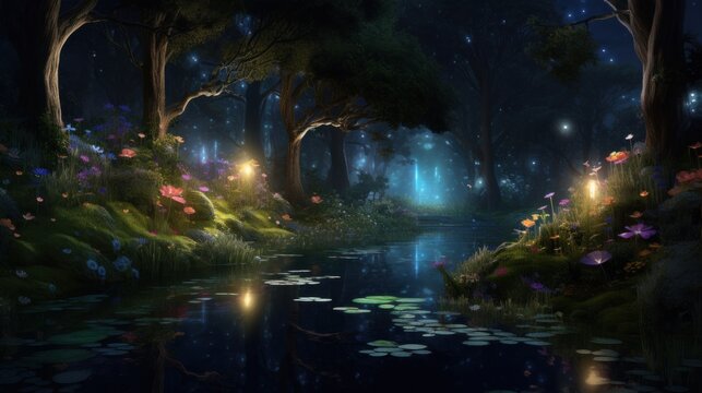Enchanted forest scene with magical lights and mystical atmosphere. Fantasy and imagination.