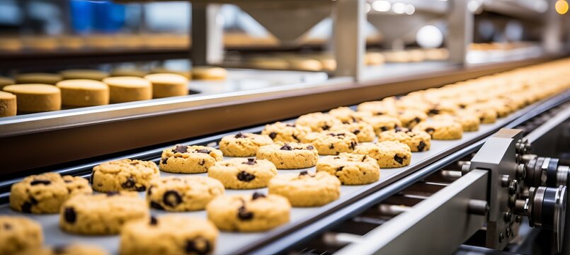 Efficient cookie production line on high speed conveyor belt in busy confectionery factory