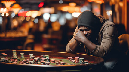 Young devastated businessman losing poker game at casino, gambling addiction