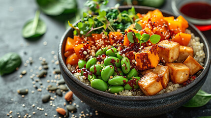 Vegetarian bowl with pumpkin, quinoa, spinach, edamame, tofu.