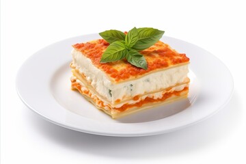 Delicious lasagna with basil leaf on white bowl, top view, isolated on white background